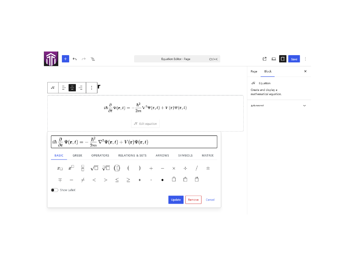 Standalone Equation block with WYSIWYG editing.