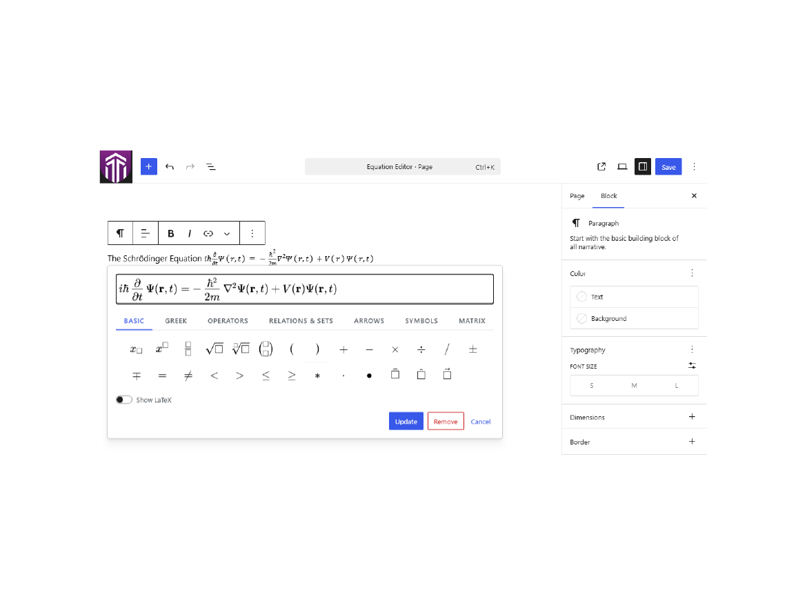Inline equation popover with WYSIWYG editing.