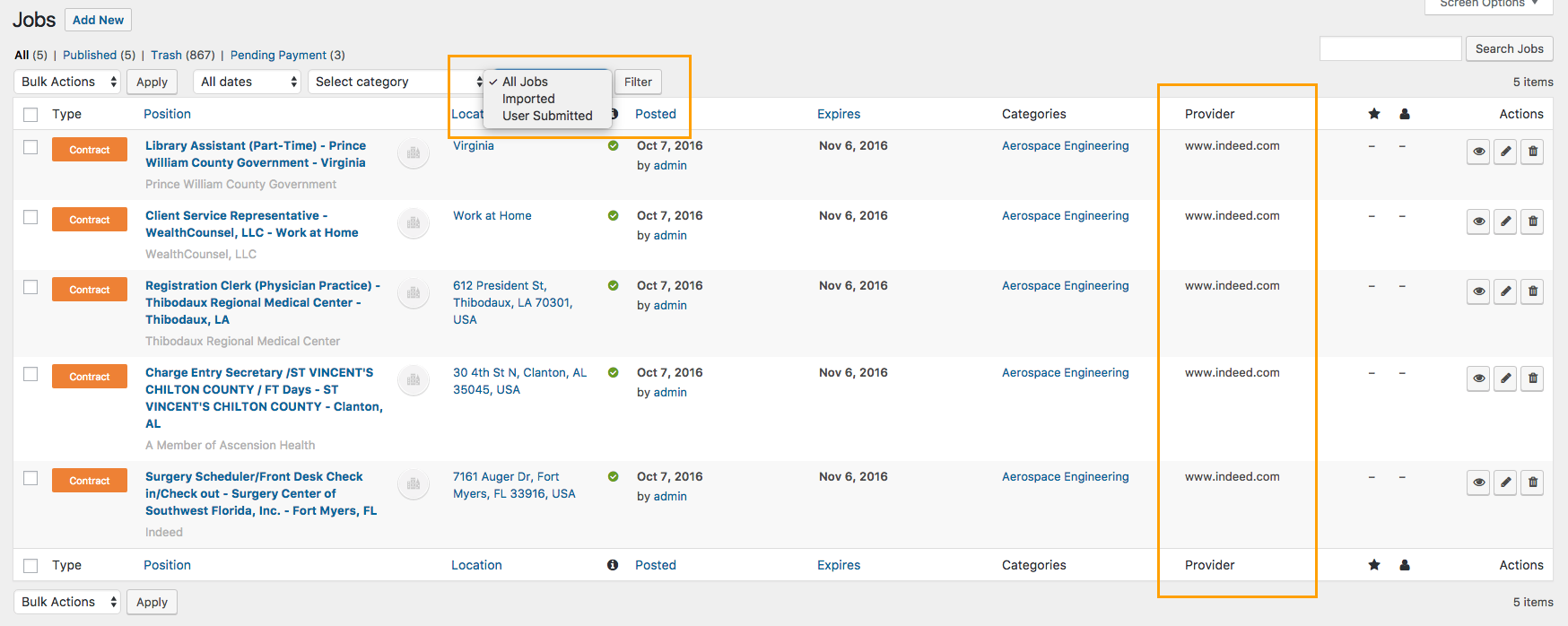 Jobs Filter & Provider Column