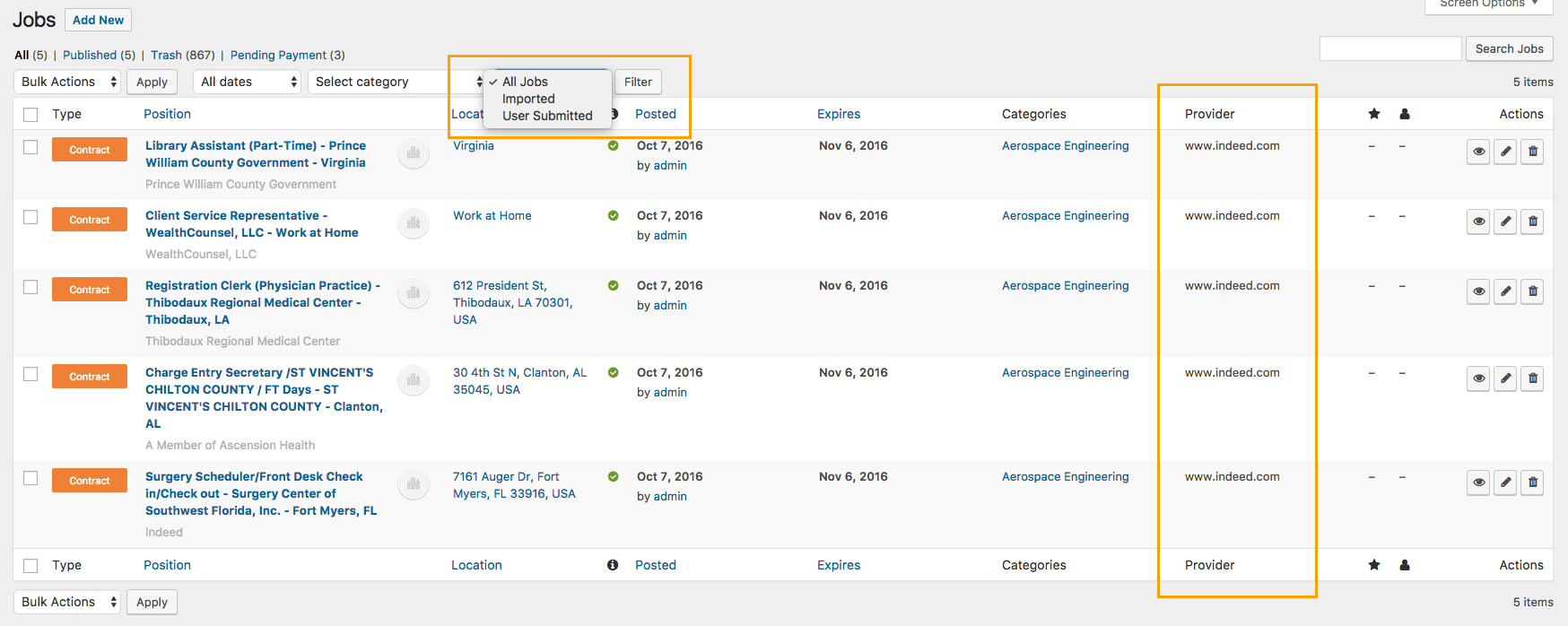 Jobs Filter &amp; Provider Column