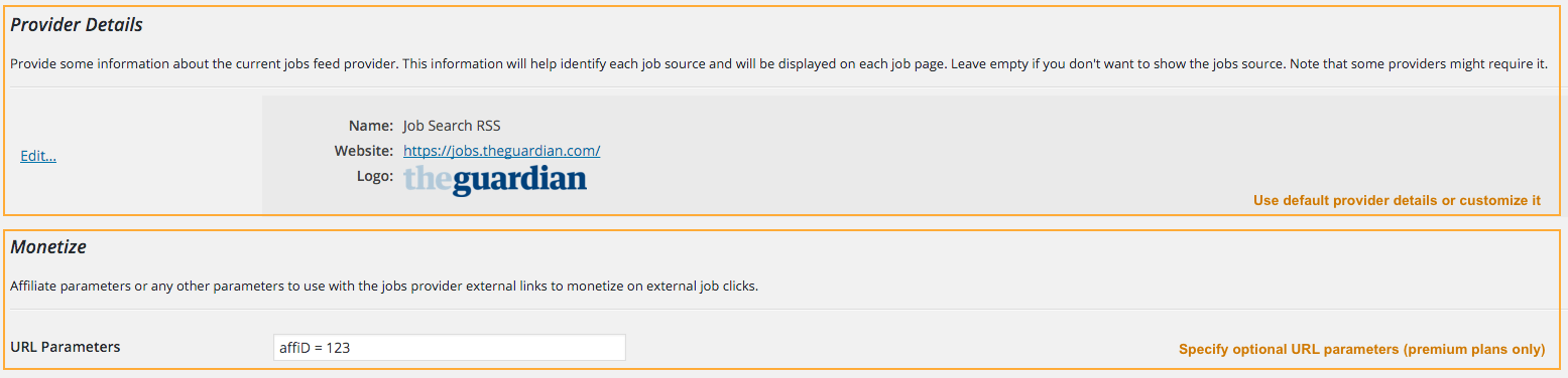 Set Job Providers Information / Optional URL Parameters