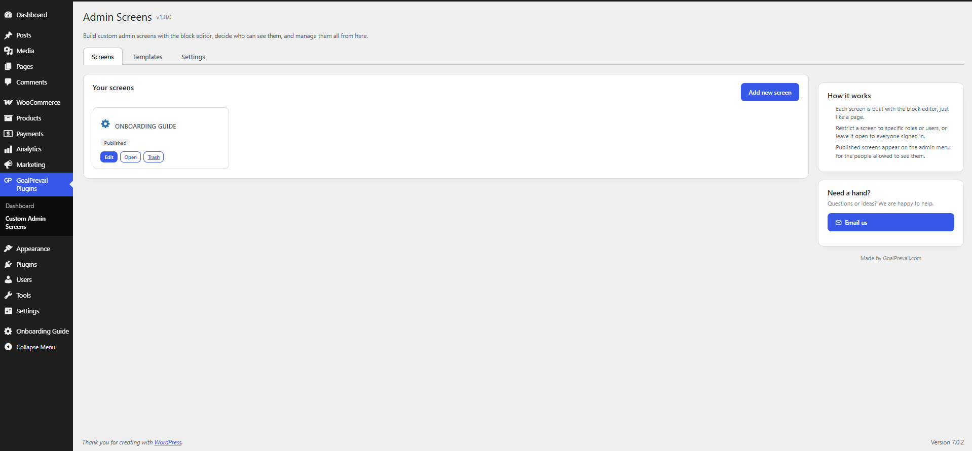 The Admin Screens hub — your screens, templates and settings in one tabbed page.