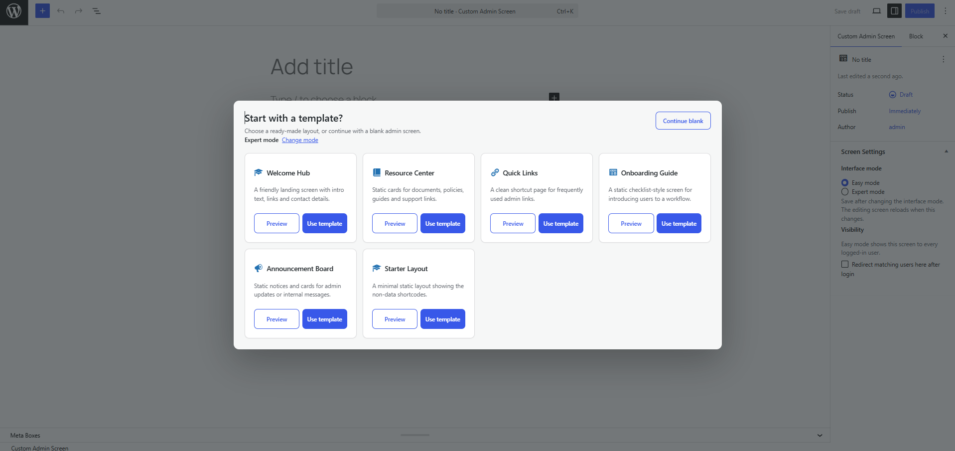The template picker shown when adding a new screen.