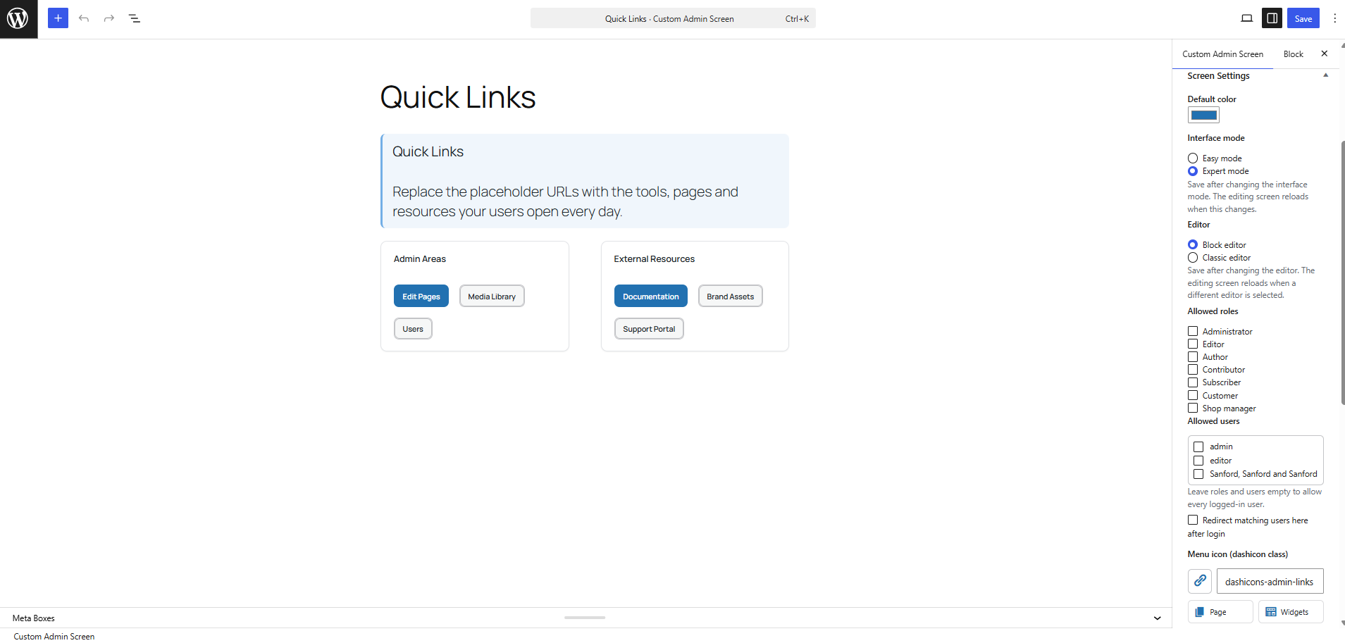 The Screen Settings box: access rules, redirect flag, icon and accent color.