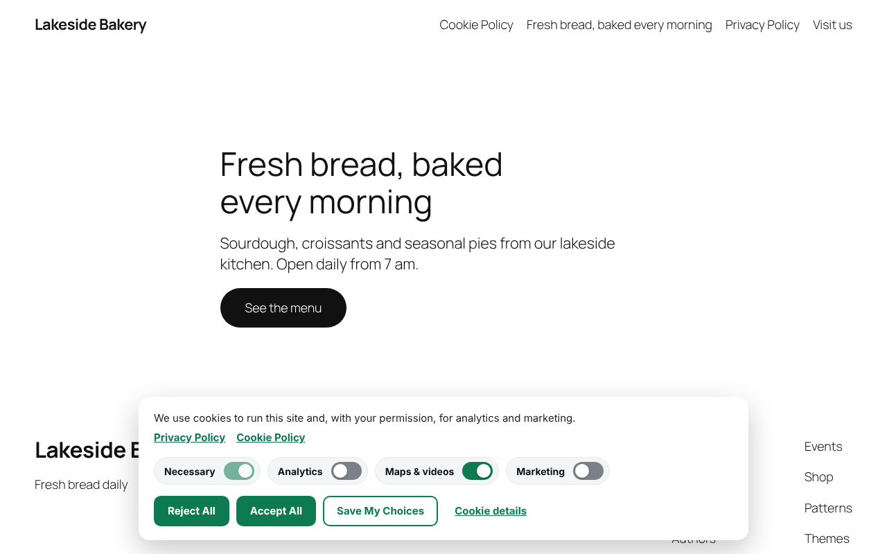Cookie consent banner with equal Accept All and Reject All buttons.