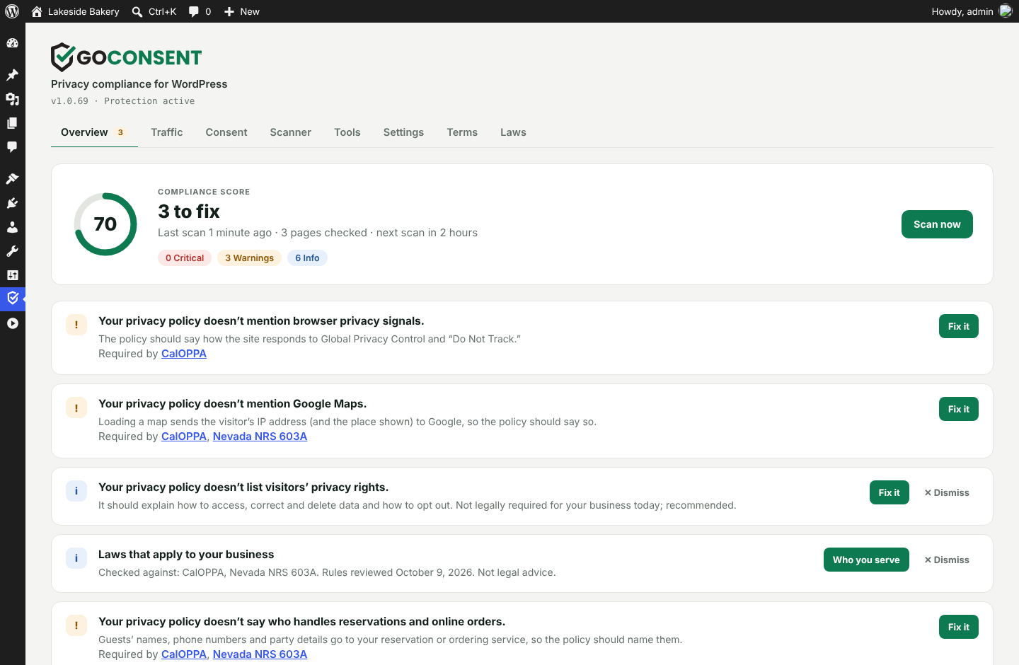 Overview: compliance score and plain-English issues with one-click fixes.