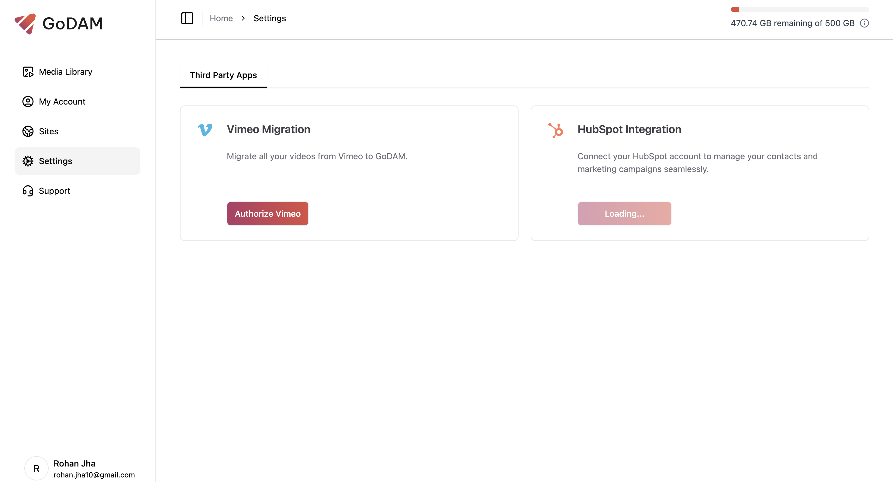 Settings Page in GoDAM Central