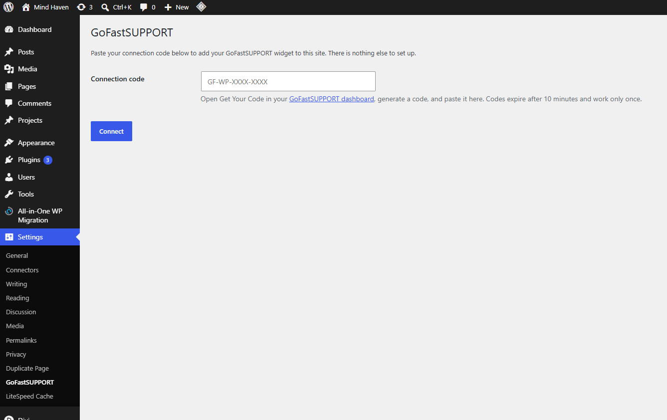 Settings screen before connecting - paste your code and click Connect.