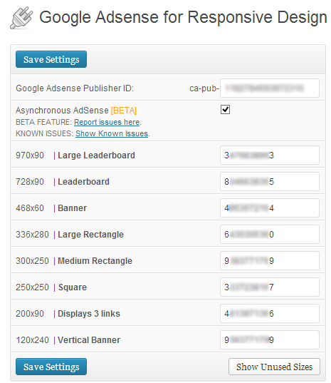 Admin Options Page. Enter your AdSense publisher ID on the top line, and any ads you want displayed below. (screenshot.png)