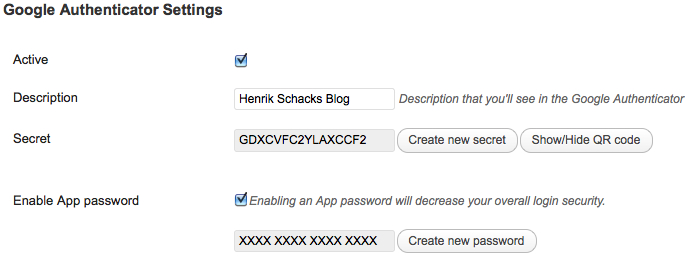 Google Authenticator section on the Profile and Personal options page.