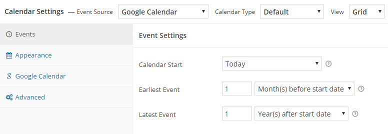 Calendar settings - Events