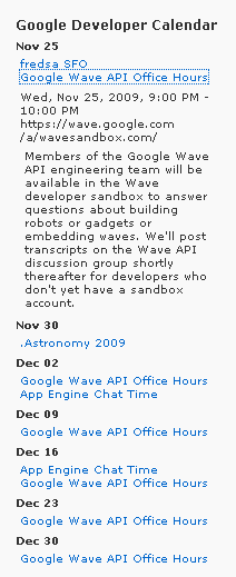 The widget showing the upcoming Google developer calendar events on the sidebar of the default Wordpress theme.