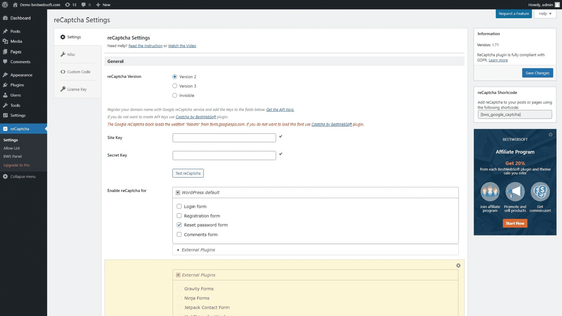 reCaptcha Settings page.