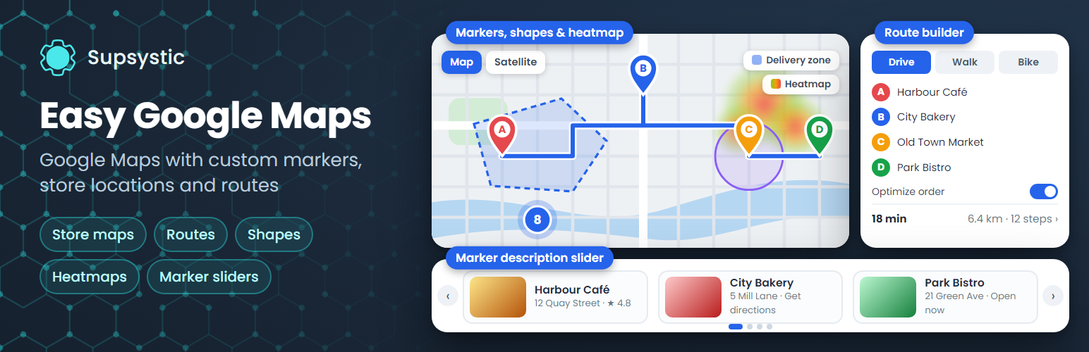 Easy Google Maps by Supsystic – Custom Markers, Clustering & Map Themes preview