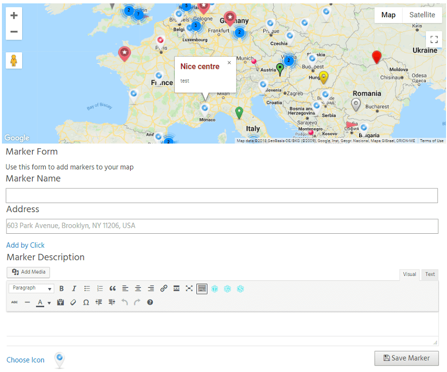 <p>Add markers on the frontend. Complete the Marker’s Form and add a marker to this map</p>