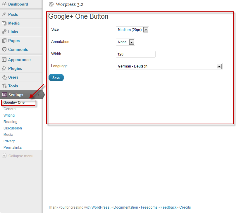 You can configure your +1 button in the backend of Wordpress.