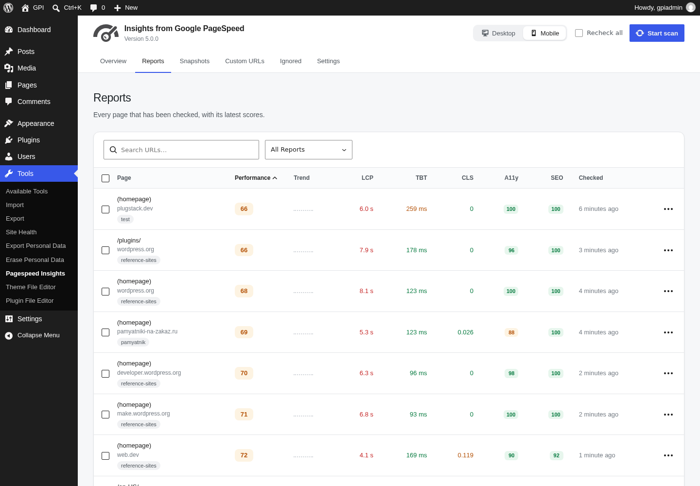 Reports list with trends, Core Web Vitals and category scores.