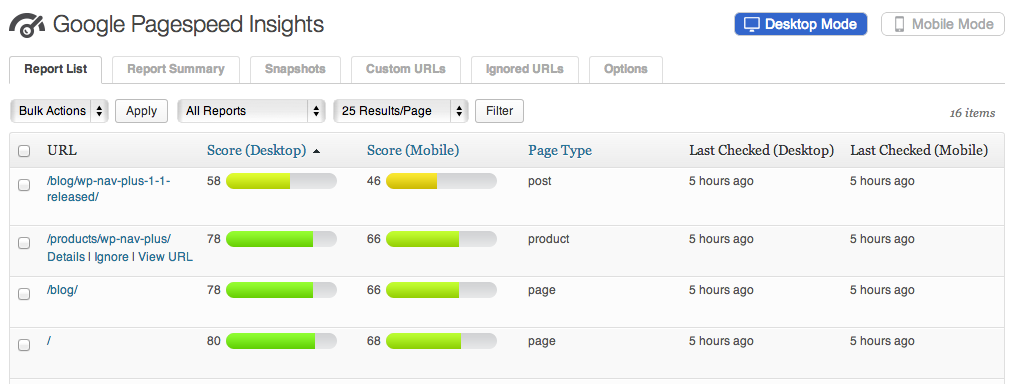 Separate reports for Desktop and Mobile page reports. Check each report to receive platform specific recommendations to increase your sites performance.