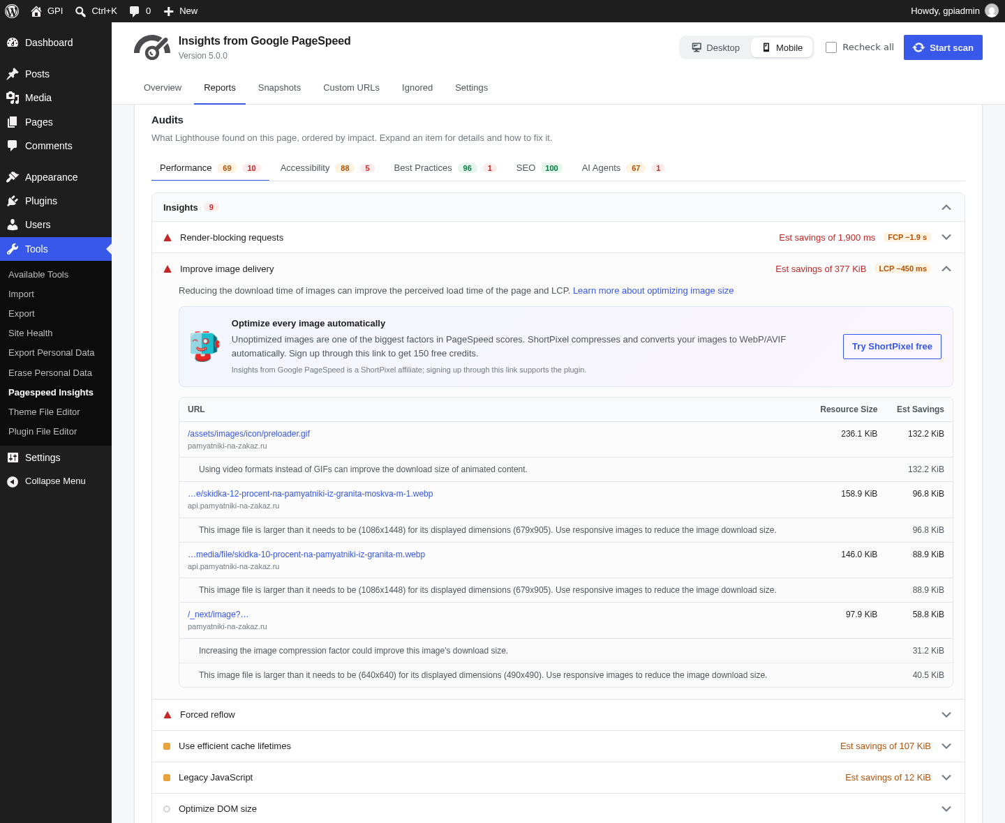 Audits grouped by category, with estimated savings and WordPress tips.