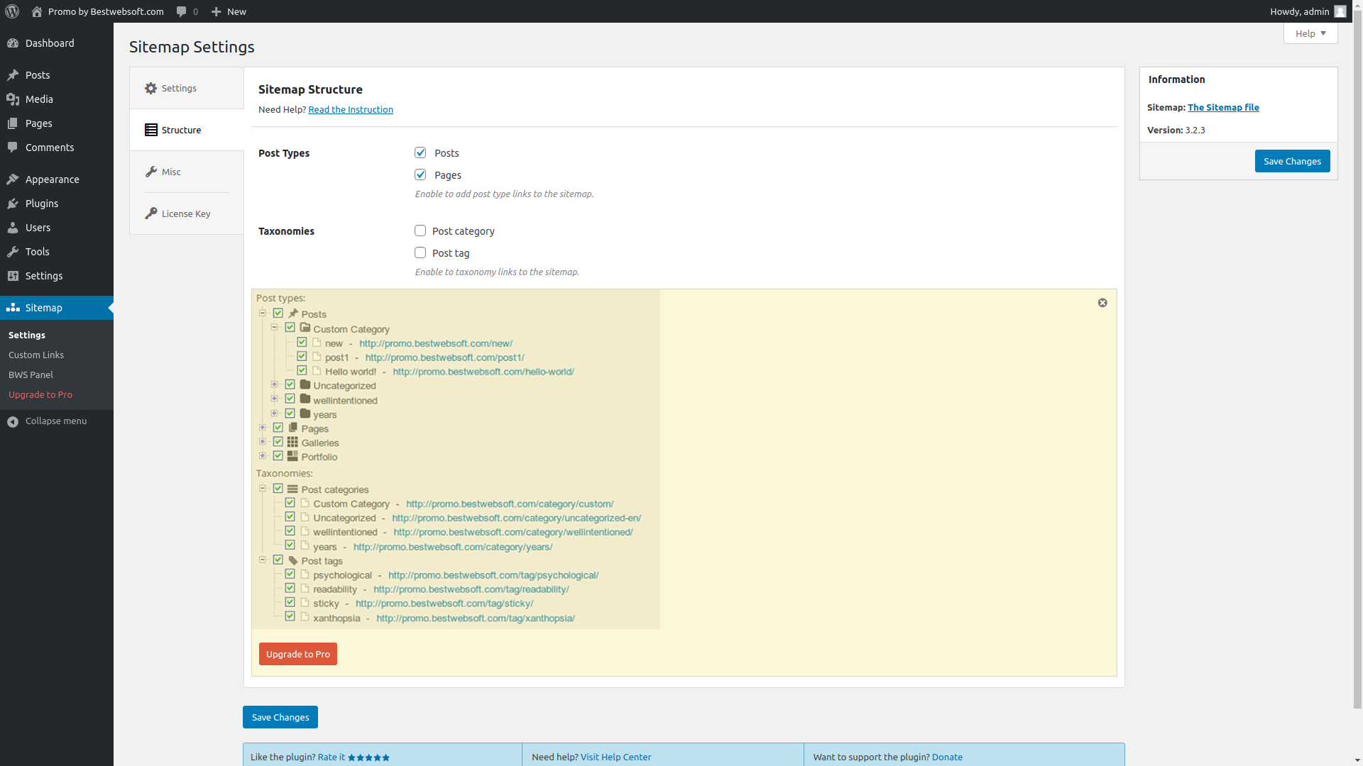 Sitemap Structure Settings.