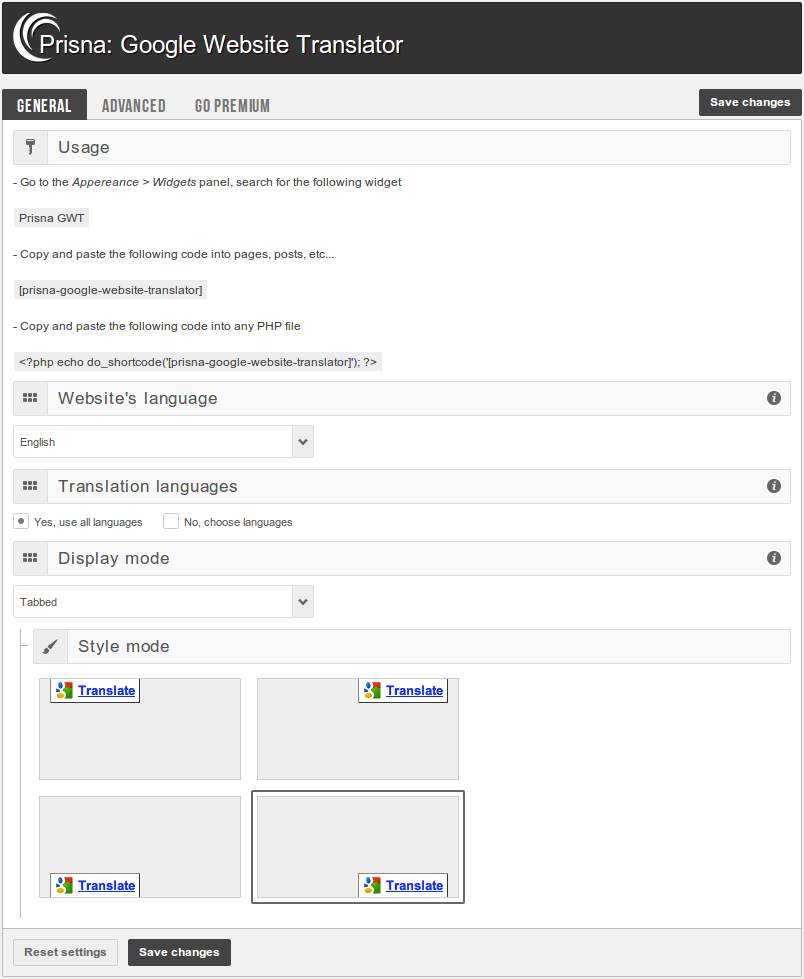 General admin panel (tabbed).