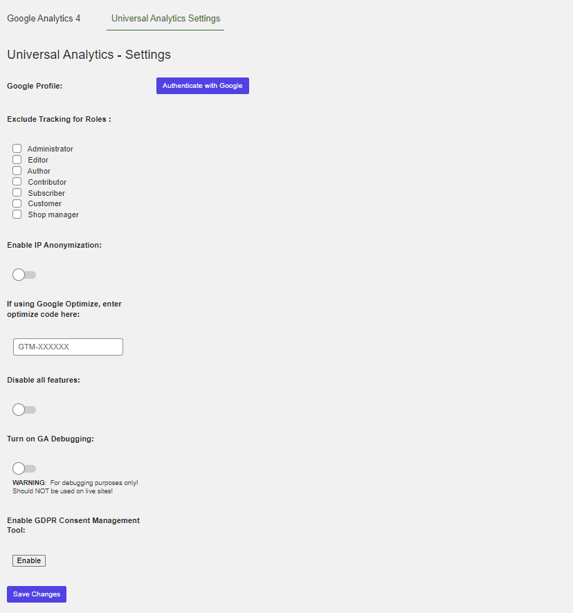 UA and GA4 tabs for settings