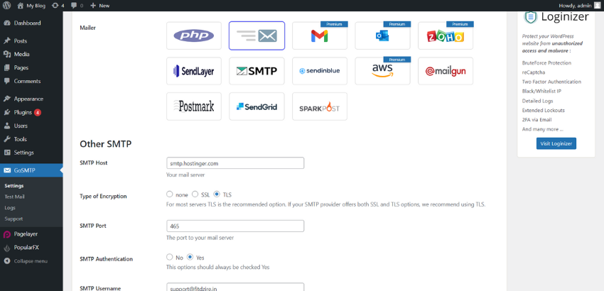 <strong>Settings</strong> has all options to set your SMTP / Email provider.