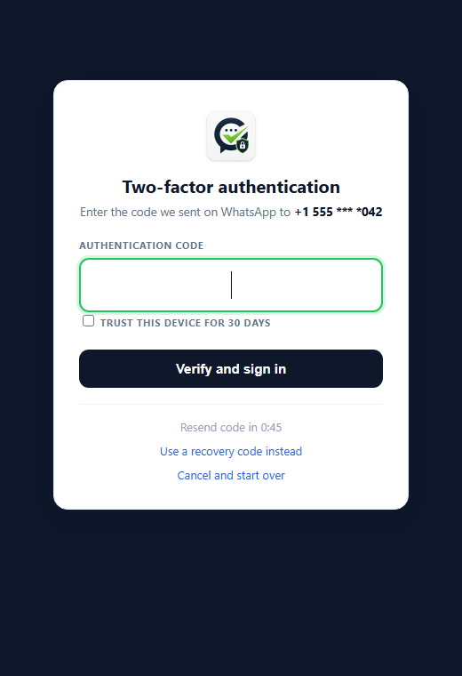 Admin login protected by a WhatsApp two-factor code, with an optional "Remember this device for 30 days".