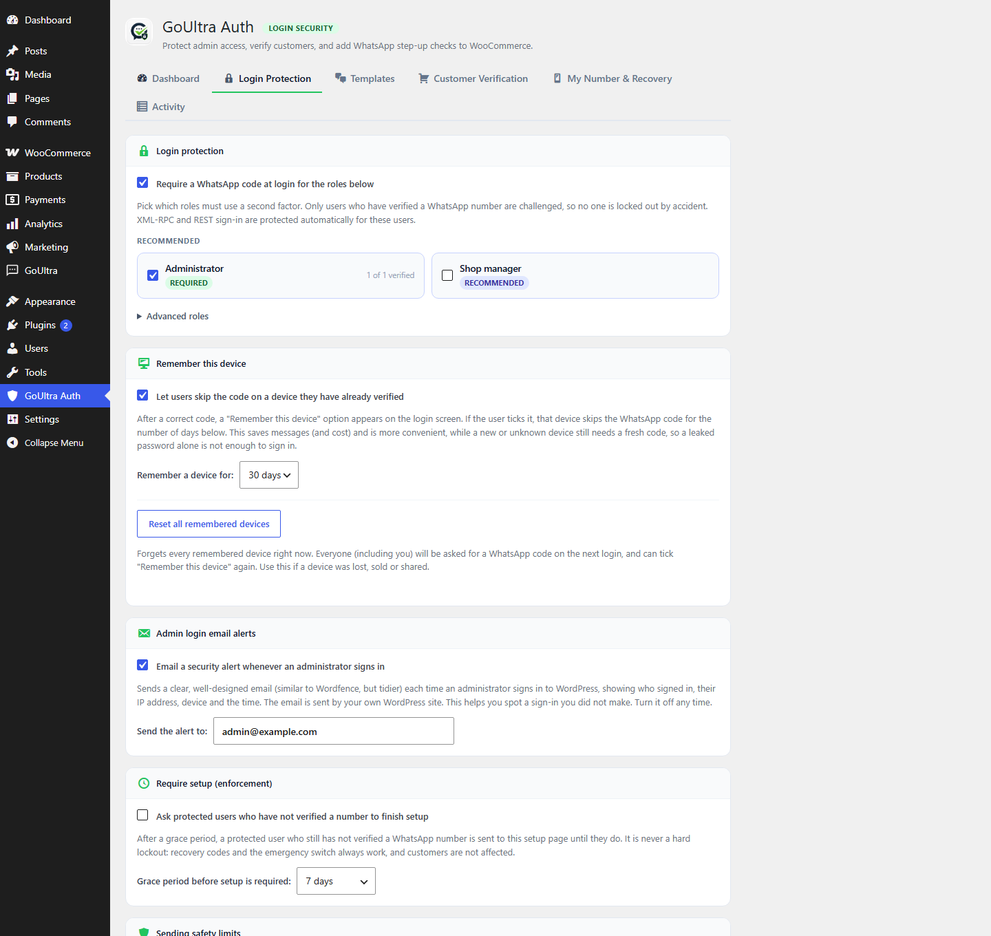 Login Protection settings: choose which roles use two-factor, turn on "Remember this device", and email a security alert on every administrator sign-in.