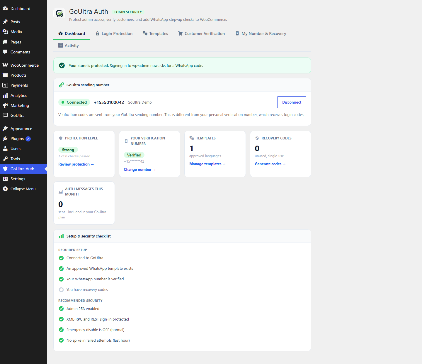 The GoUltra Auth dashboard: connection status, protection level and a setup and security checklist.