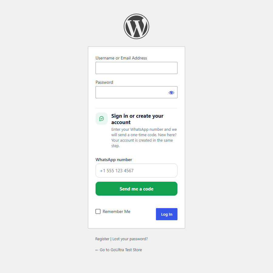 Passwordless sign-in: customers sign in with a WhatsApp code instead of a password, or create an account in the same step.