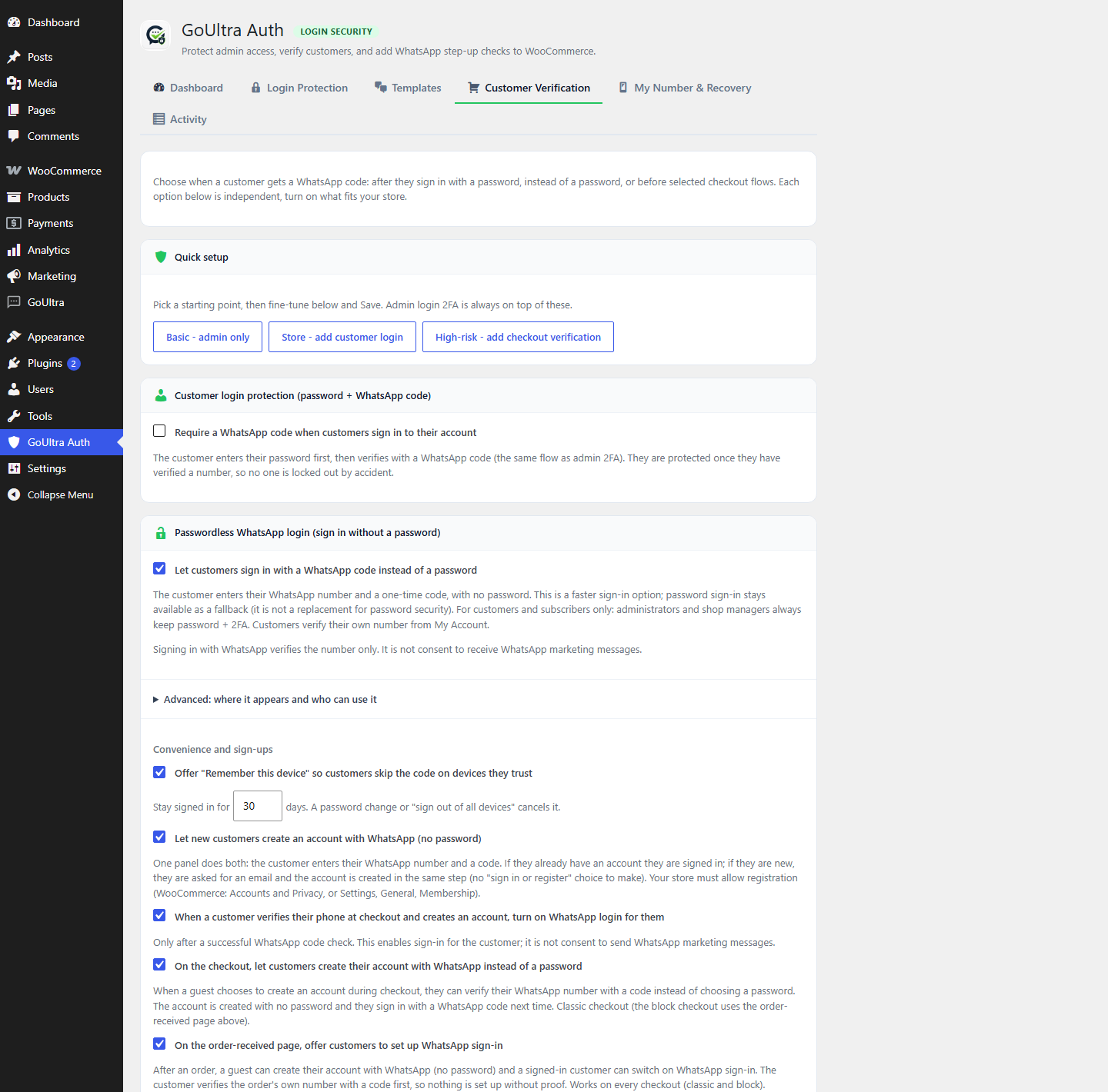 Customer sign-in options: passwordless login, account creation with WhatsApp, and risk-based checkout verification.
