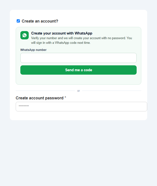 On the checkout, a guest can create their account with WhatsApp instead of choosing a password.
