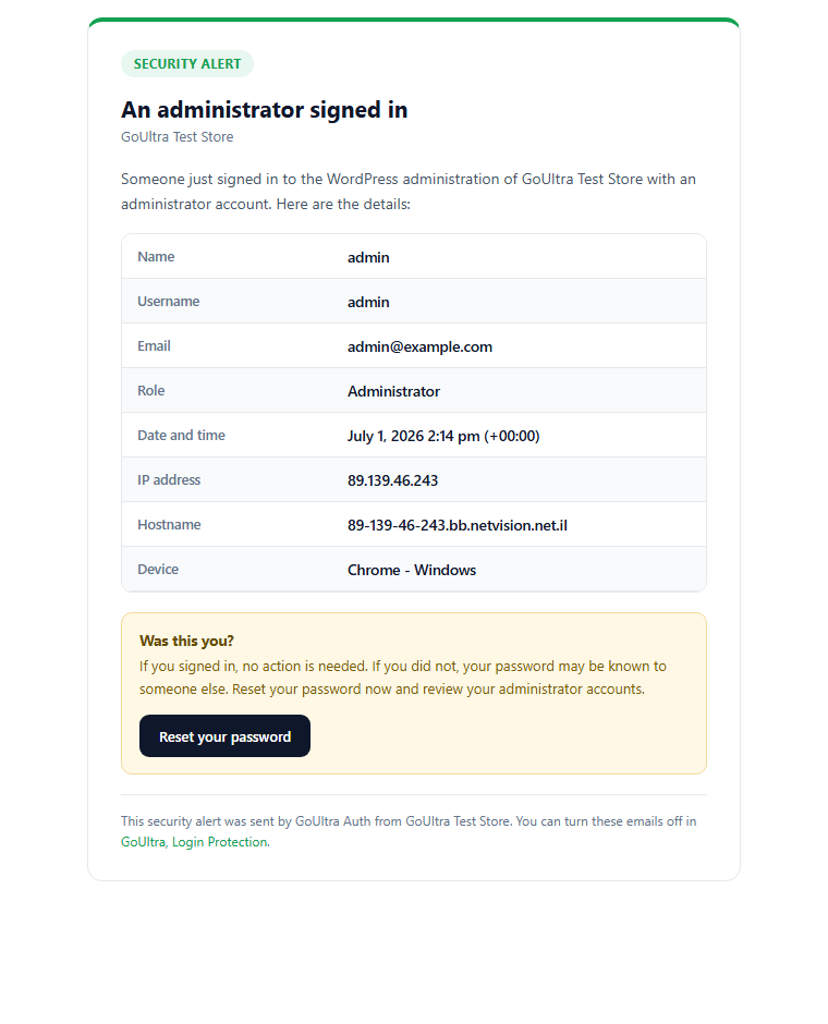 A clean security email is sent whenever an administrator signs in, showing the username, IP address, device and time.