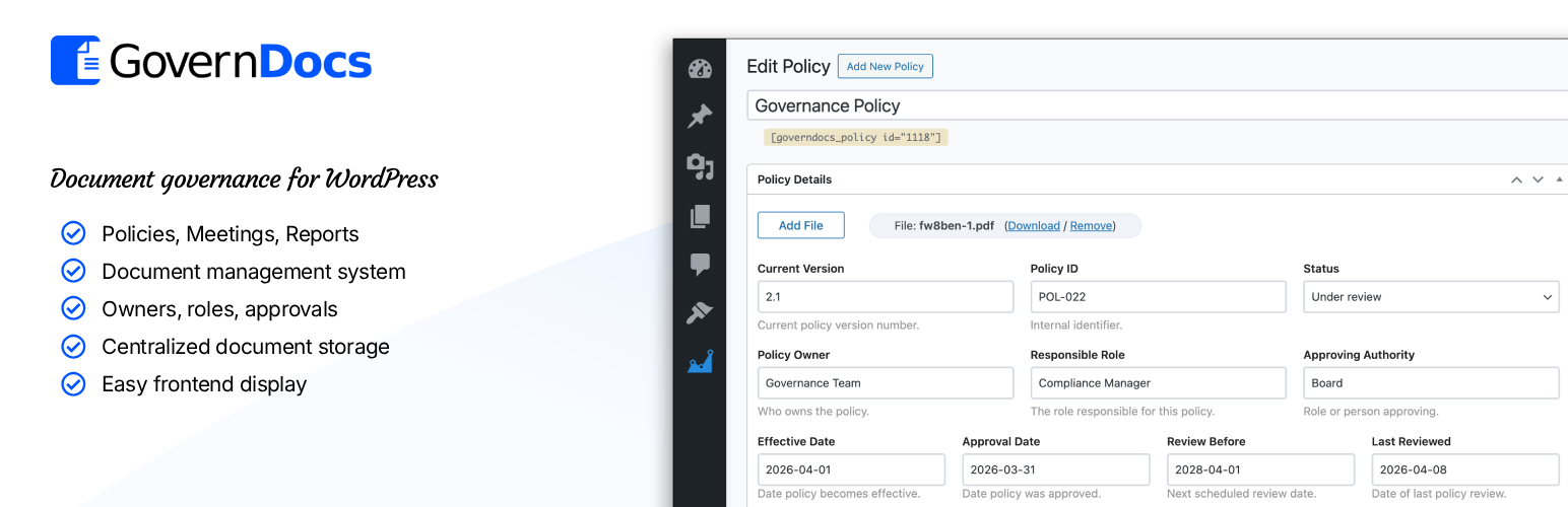 WordPress 外掛 GovernDocs – Policies, Meeetings & Reports 的封面圖片