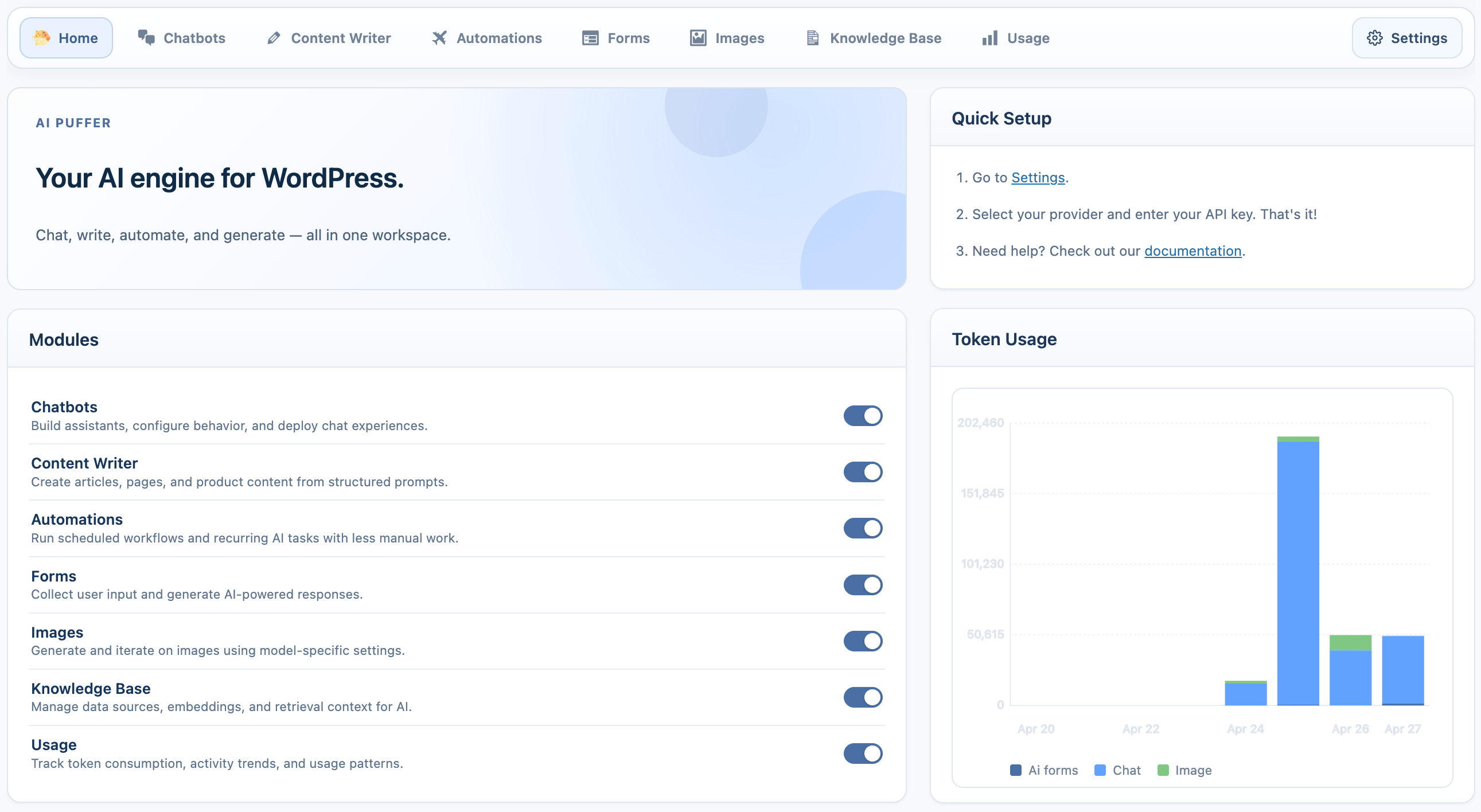Main dashboard with quick access to all modules.
