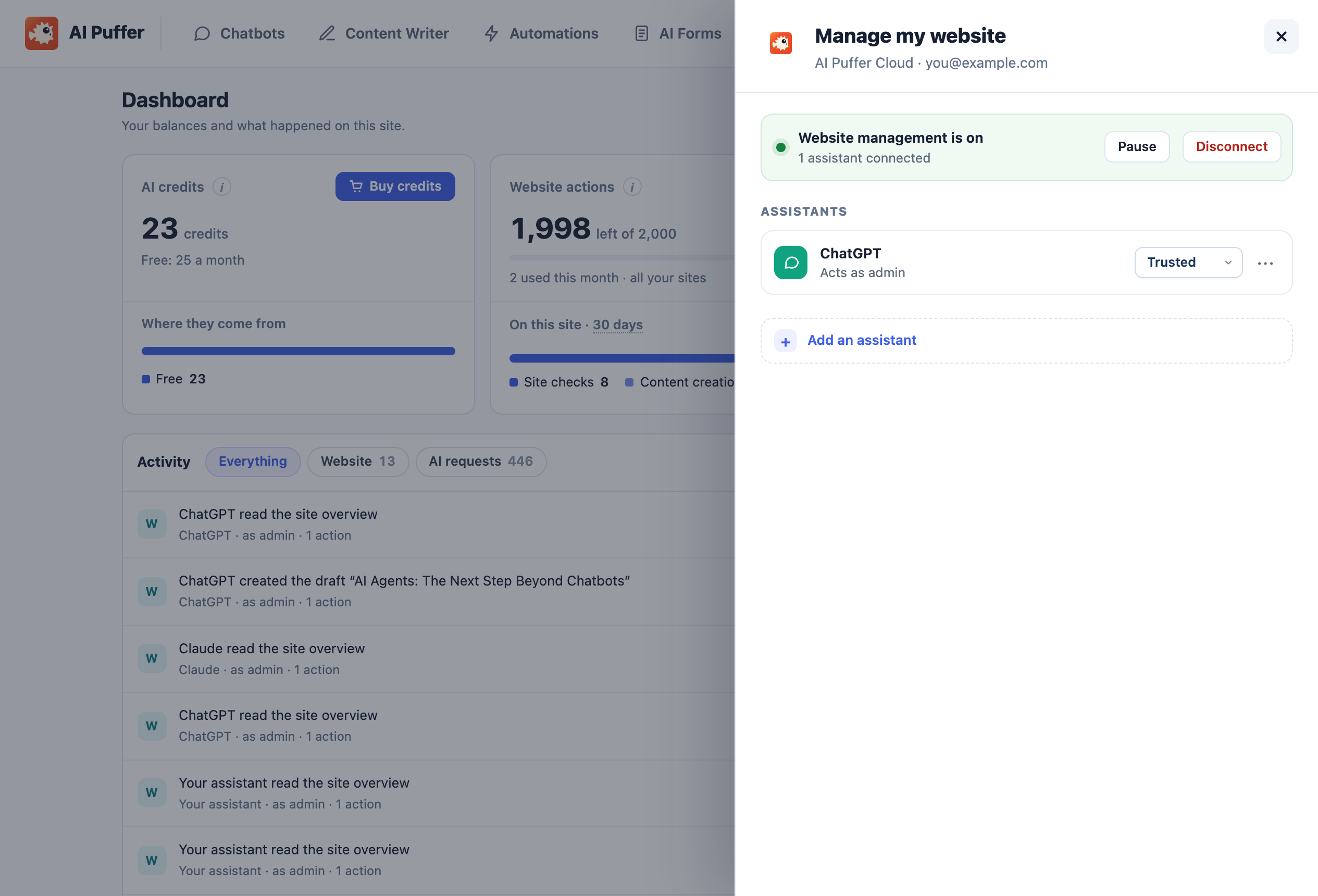 Website management: connect assistants such as ChatGPT or Claude, manage their access, and pause or disconnect website management.