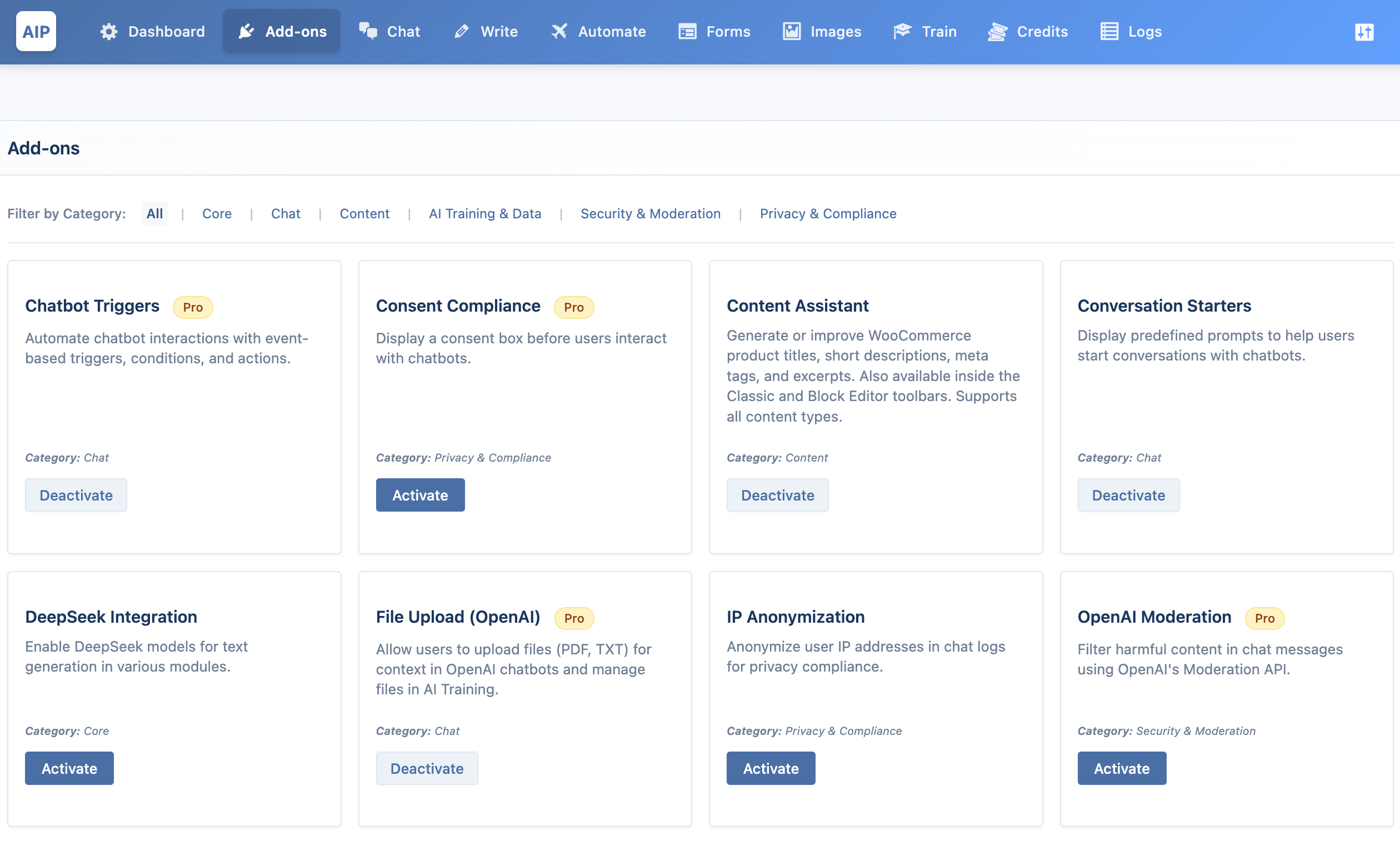 Add-ons page for enabling/disabling features.