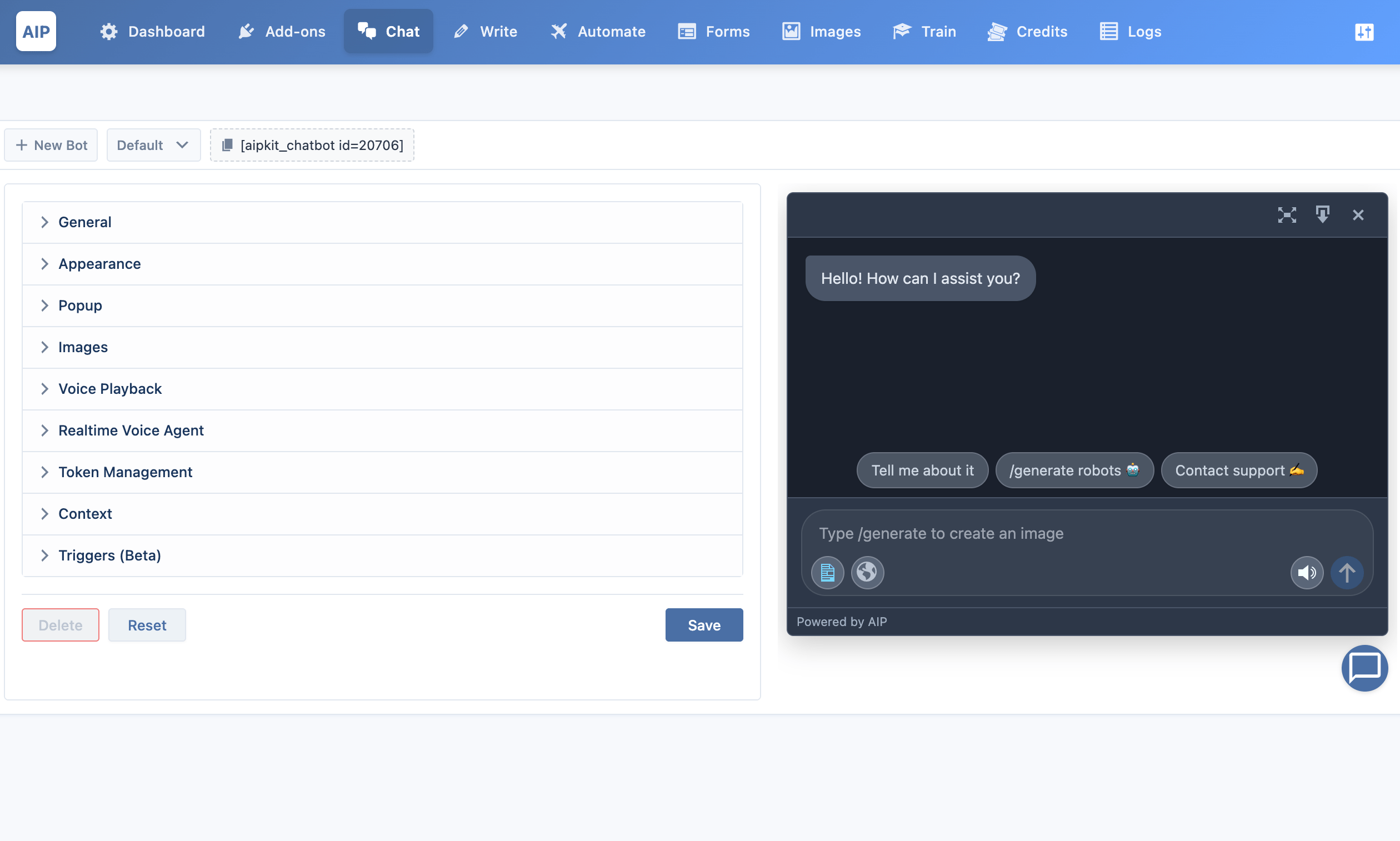 Chatbot builder with real-time preview.