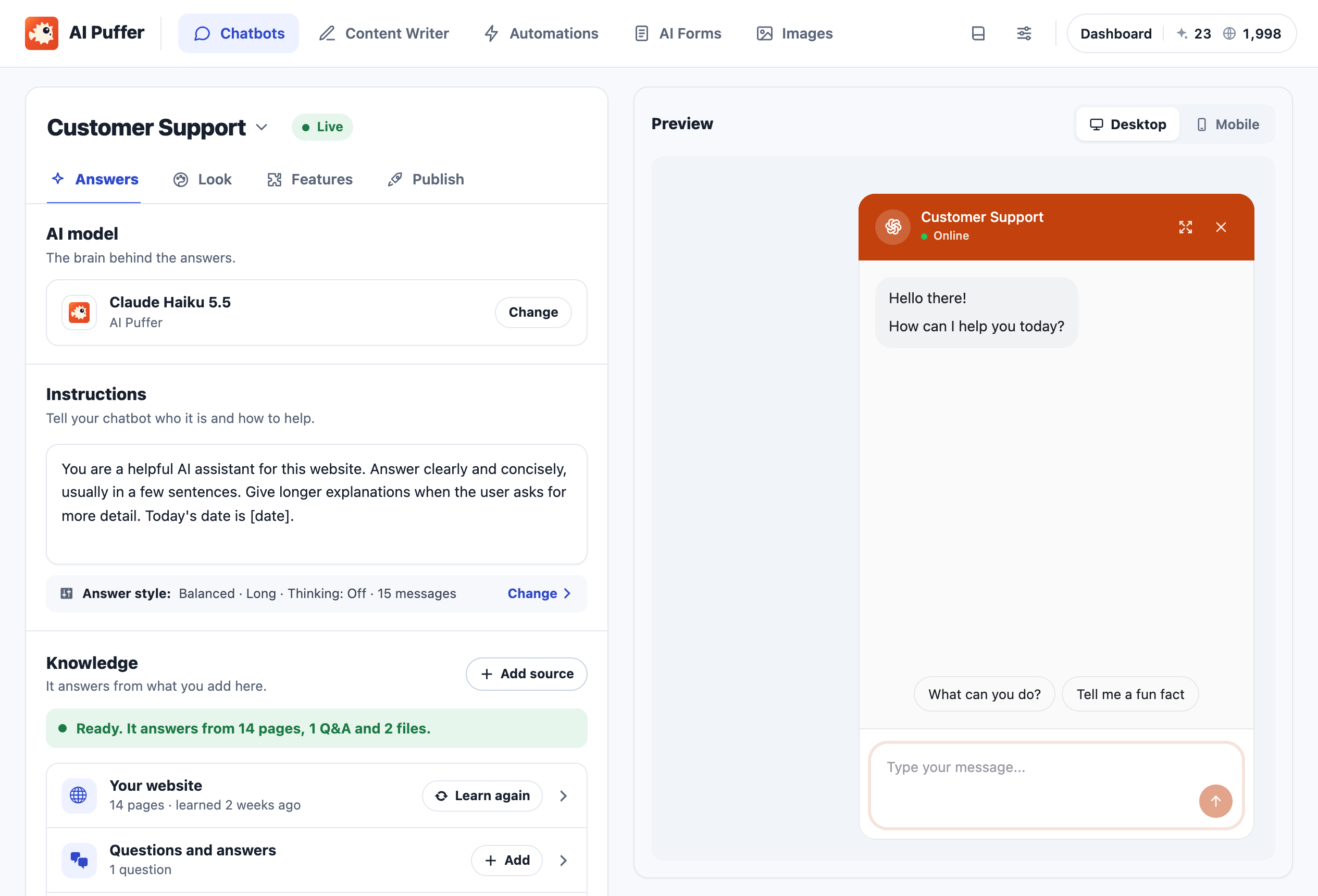 Chatbots: choose the AI model, instructions and knowledge sources, with a live chatbot preview.