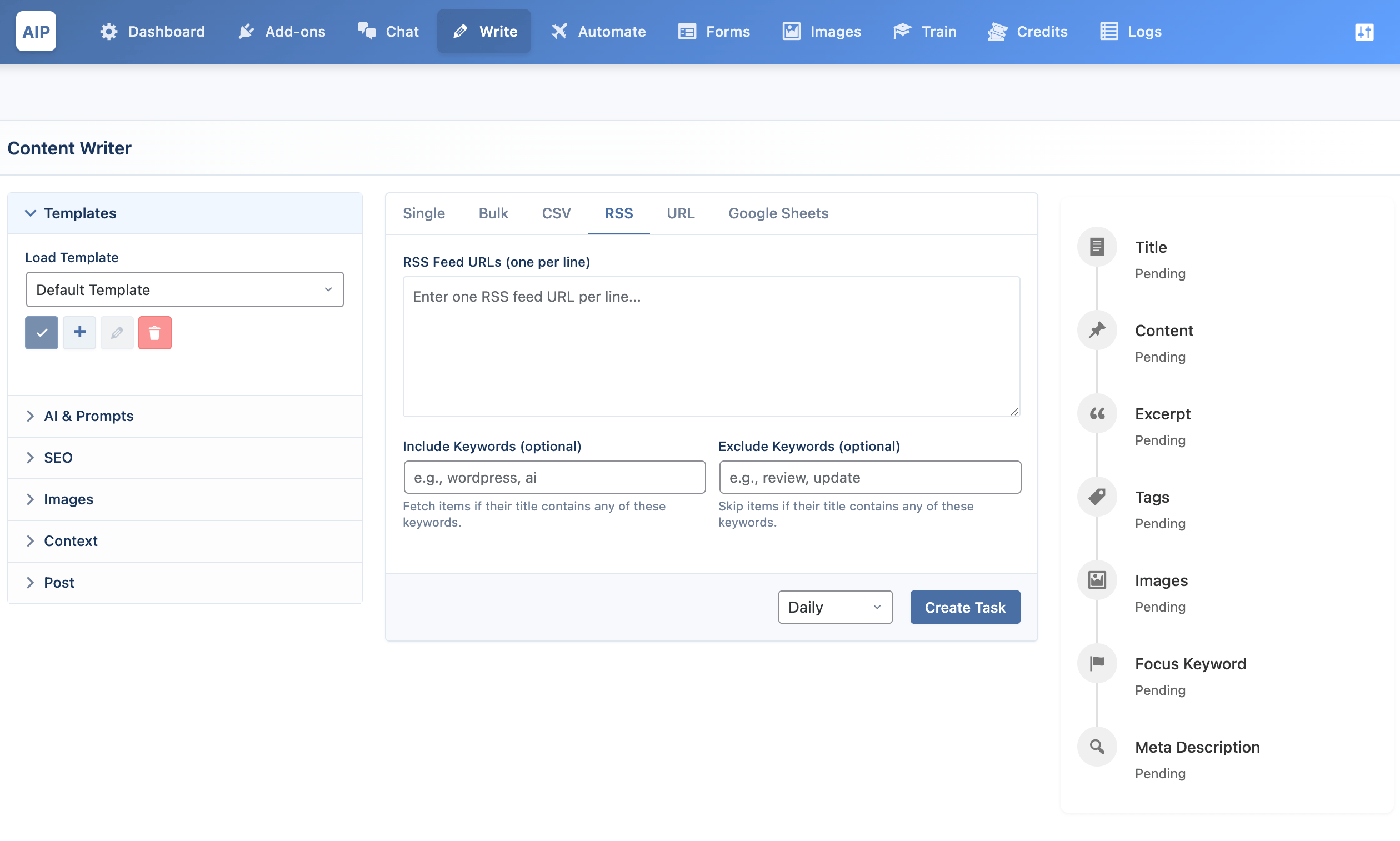 Content Writer with single, bulk, and RSS generation.