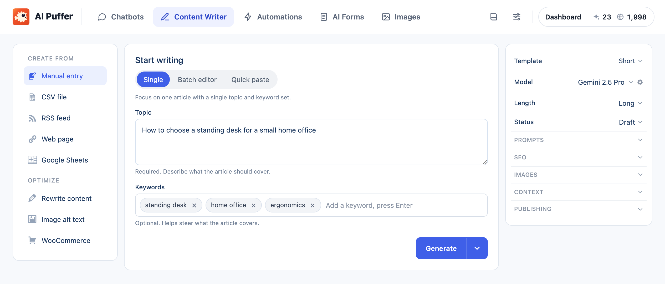 Content Writer: draft a post from a topic and keywords, and choose the model, length and post status.