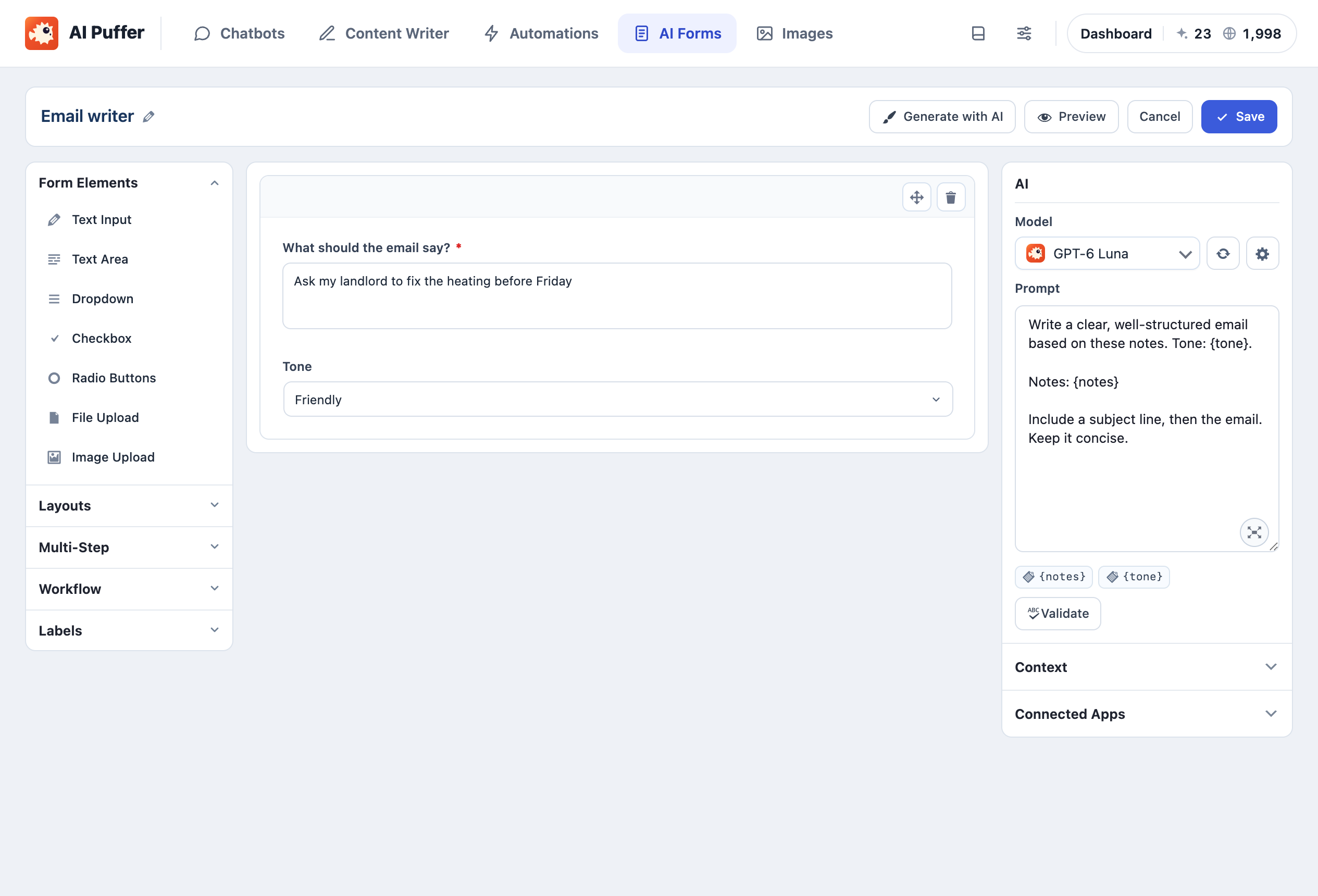 AI Forms: build forms from fields and write prompts using visitor input.