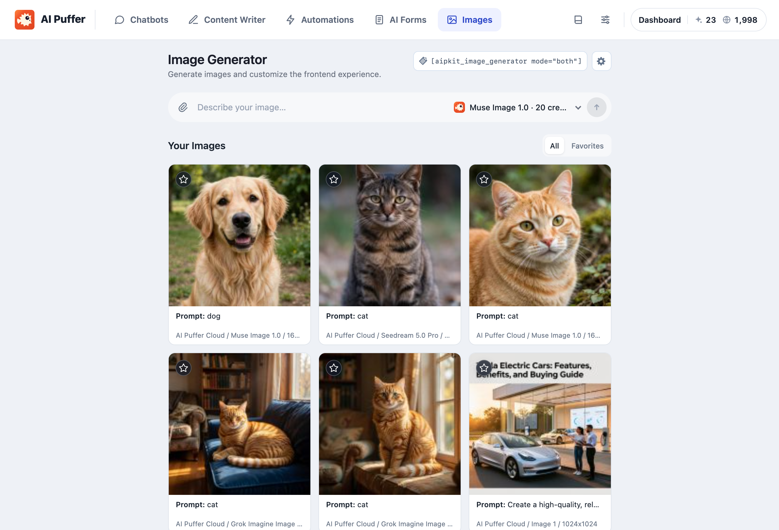 Images: generate images with your connected provider and browse your image history.