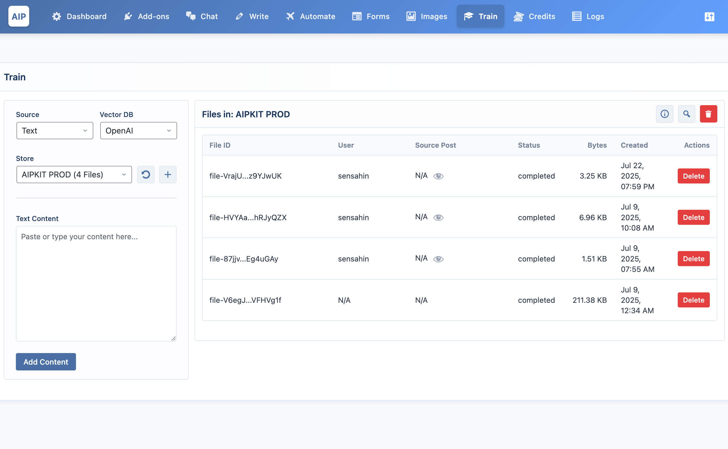AI Training vector store management.