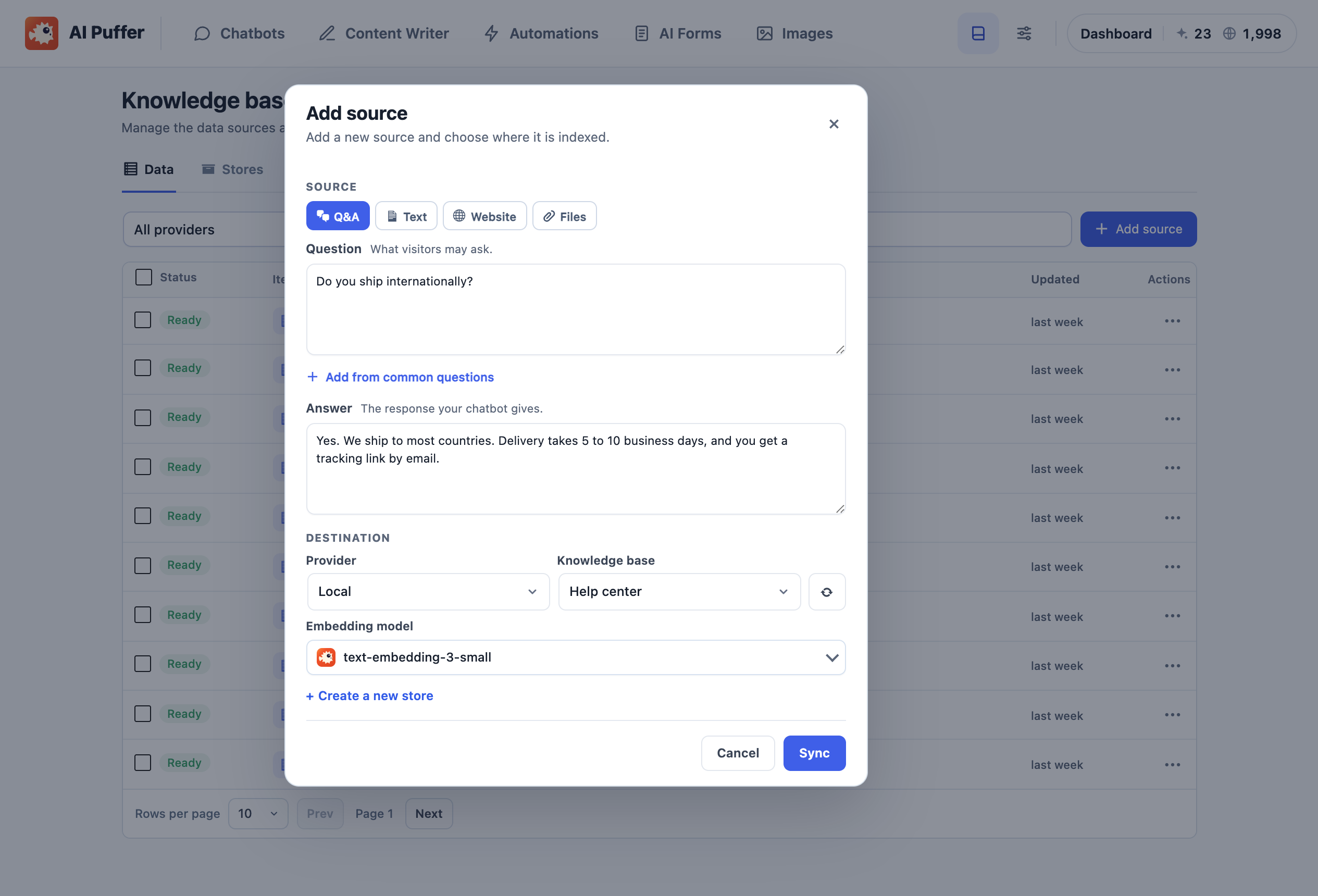 Knowledge Base: add questions and answers, text, websites or files, and choose where they are indexed.