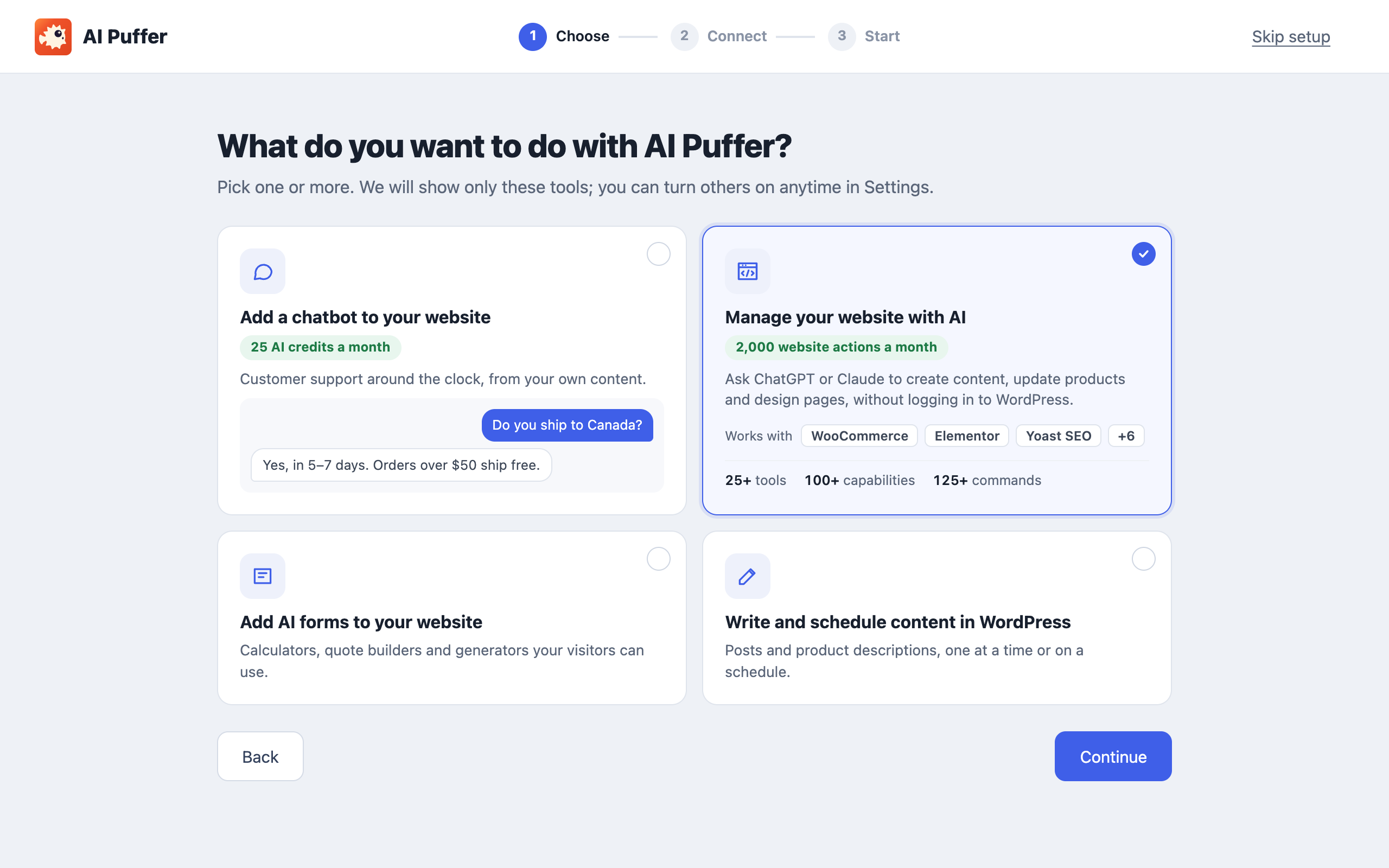 Guided setup: choose chatbots, website management, AI forms, or writing and scheduling content.