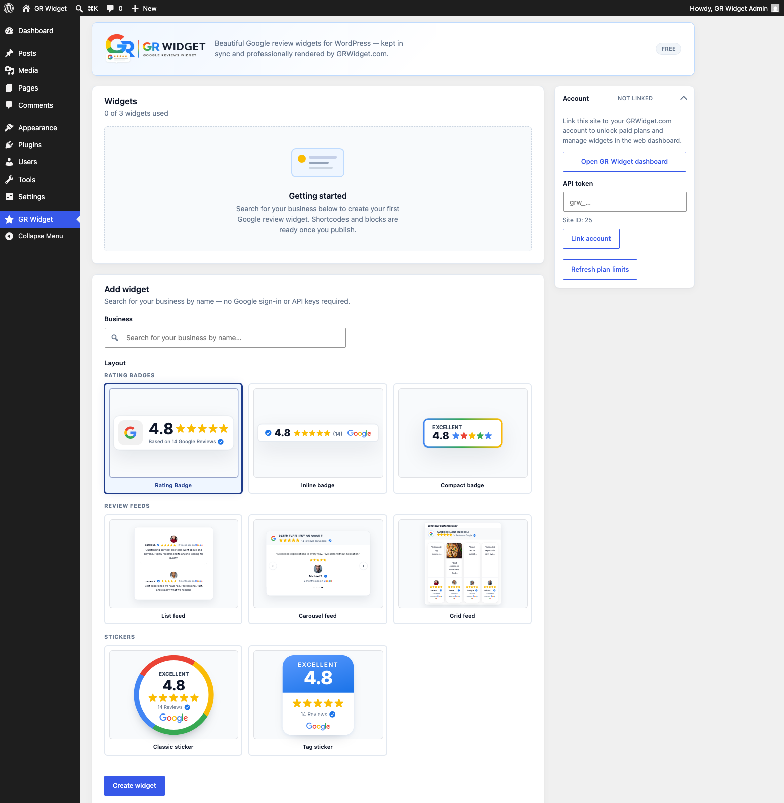 Search for your Google Business listing and choose a layout to create your Google reviews widget — no API keys