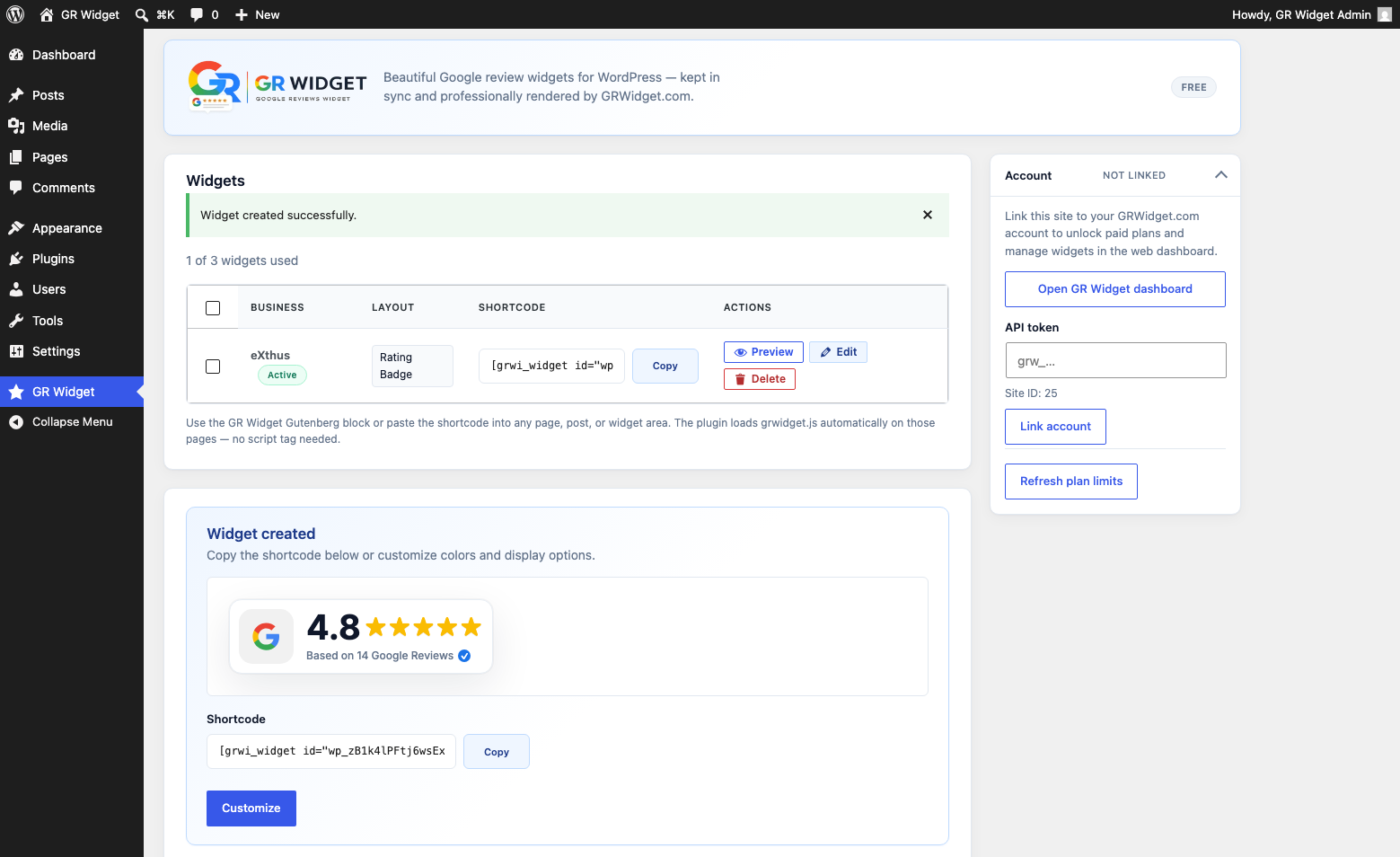 Your widget is ready — preview it and open Customise to fine-tune it in the builder