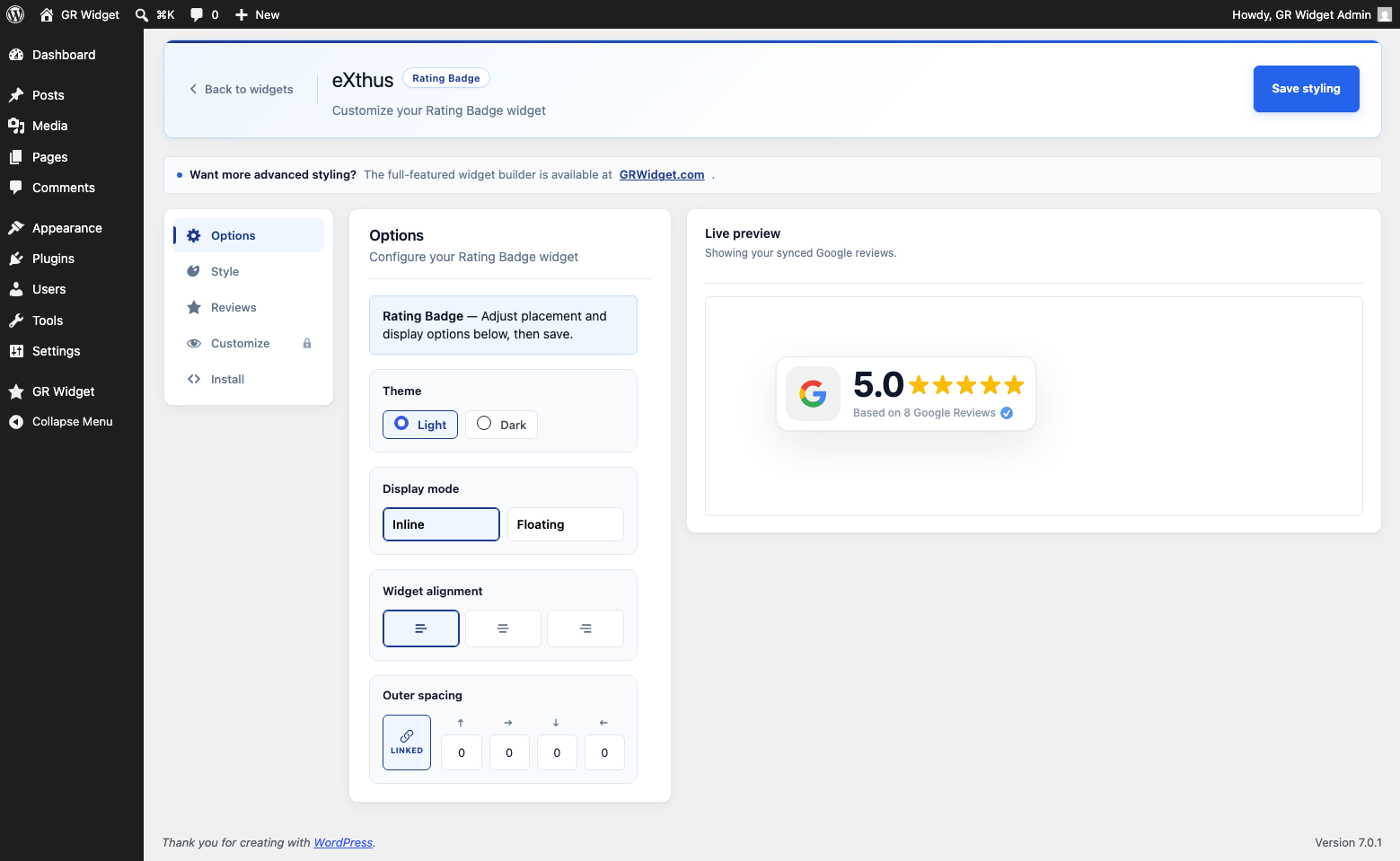 Options tab — set theme, display mode, alignment, and spacing with a live preview